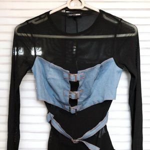 Fashion Nova Black Mesh/Denim Buckle Bodysuit Women's Size Small/Long Sleeve